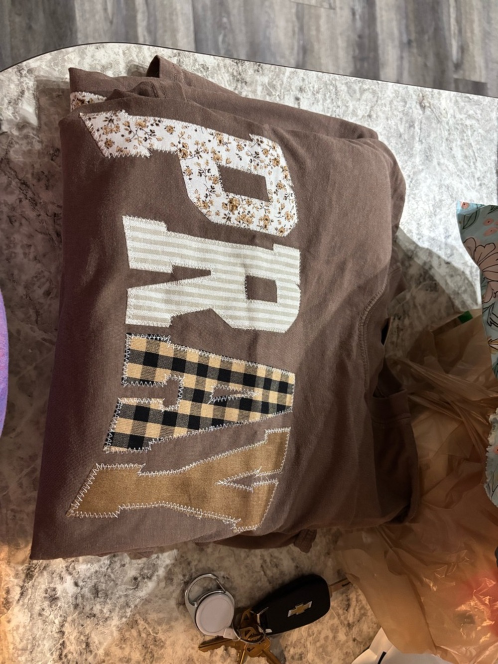 Women’s Brown Graphic Top with Patchwork Lettering